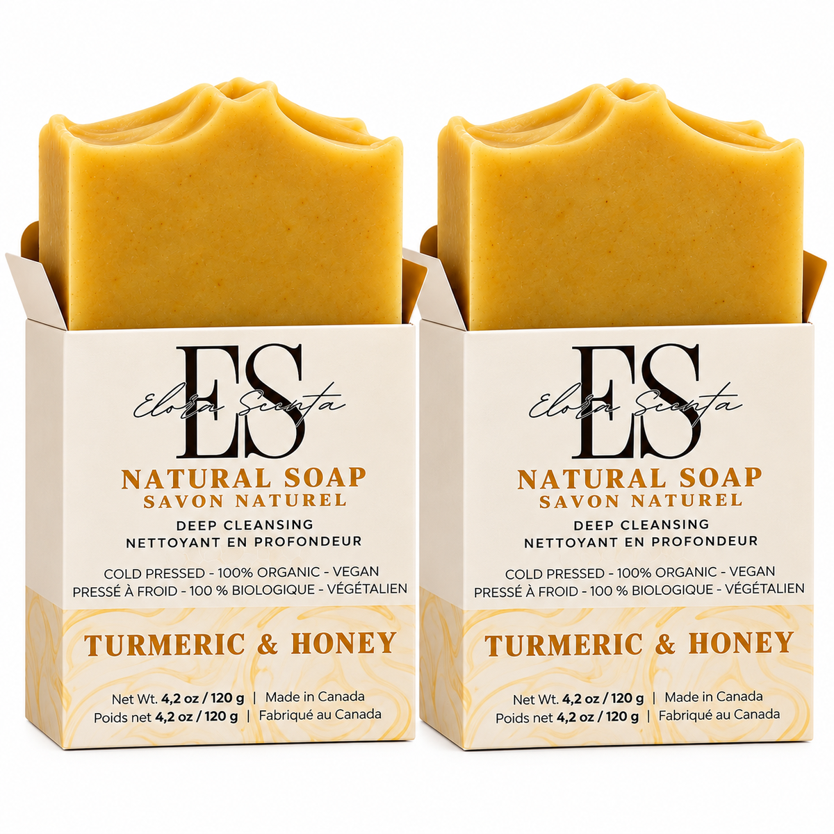 Elora Scenta Turmeric & Honey Natural Soap, handcrafted in Canada with raw honey, turmeric and sweet orange essential oil.
