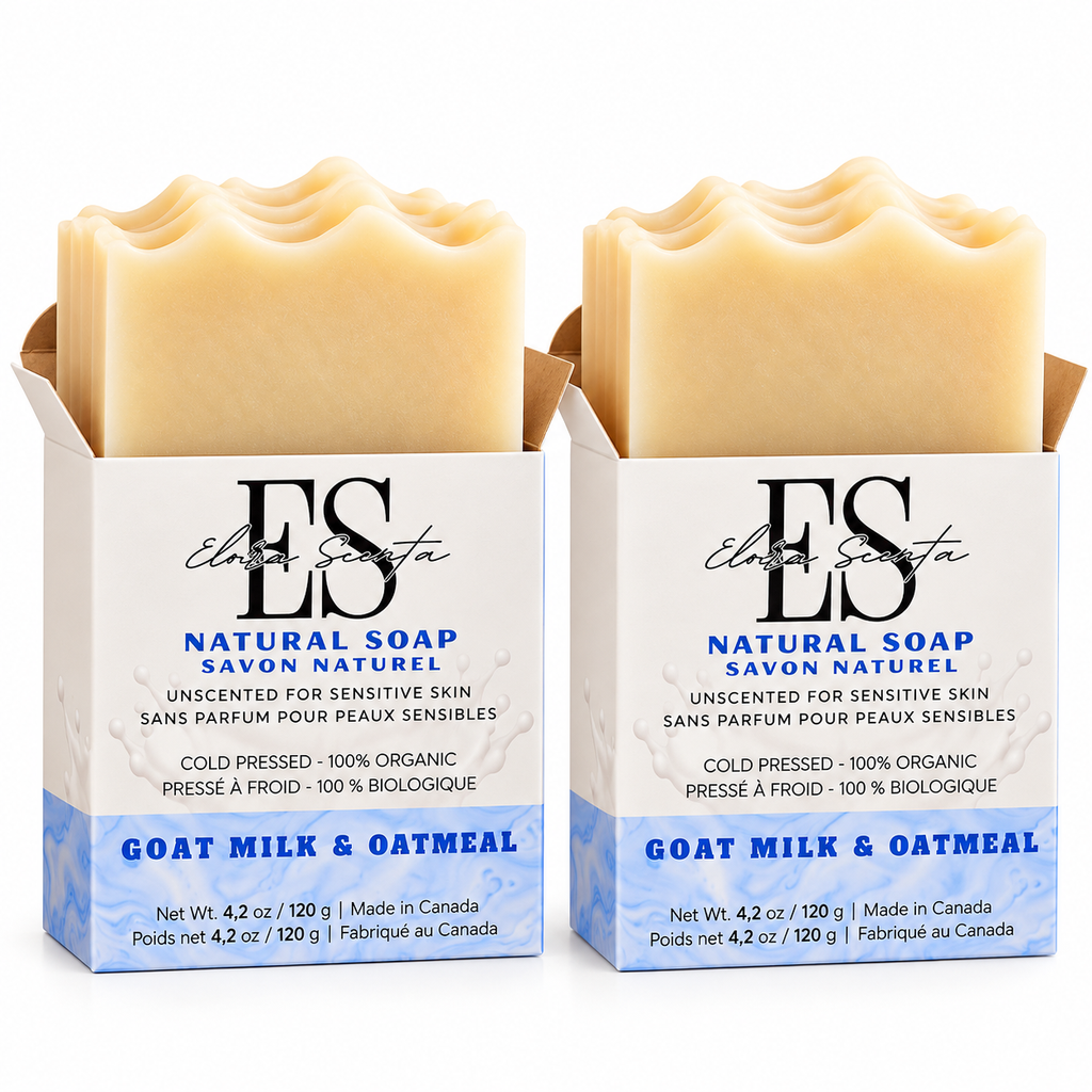 unscented soap is made with goat milk and colloidal oatmeal, along with olive oil, coconut oil, shea butter and castor oil.